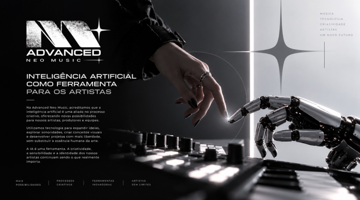 Inteligência artificial como ferramenta para os artistas: a mão de uma artista e uma mão robótica se tocam sobre um teclado. A IA é uma ferramenta; a criatividade, a sensibilidade e a identidade dos artistas continuam sendo o que realmente importa.